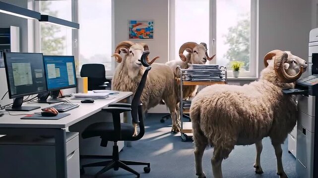 Ram office disruption visualization, Ram causing disorder in workplace environment with paper and technology, Ram disrupting work setting through paper clutter and chaos involving electronic devices