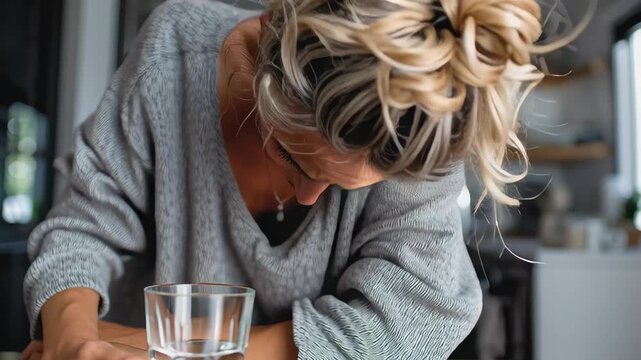 Exhausted adult woman sitting at kitchen table with glass of water, holding head and looking tired, dehydration, stress, and emotional fatigue concept