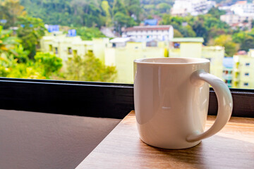 Fototapeta premium Black coffee with tropical landscape terrace balcony panorama view Thailand.