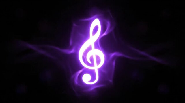 Glowing treble clef with purple energy on black background representing the harmony of music composition