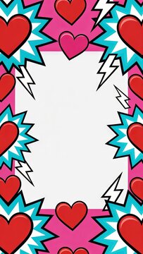 Bright Comic Style Pop Art Frame with Hearts and Lightning Bolts