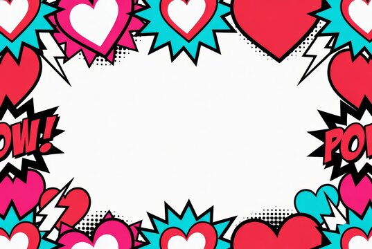 Bright Comic Style Pop Art Frame with Hearts and Lightning Bolts