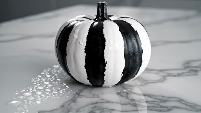 black and white pumpkin - A striking black-and-white striped pumpkin rests on a sleek marble surface, glistening with droplets of water, highlighting its unique artistic design