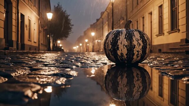 black and white pumpkin - A solitary pumpkin rests on a cobblestone street amidst a rainy evening, reflecting the warm glow of street lamps, creating an atmospheric Halloween scene