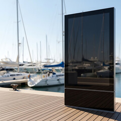 Fototapeta premium Outdoor Digital Kiosk Screen Mockup at Luxury Marina with Yachts and Boats