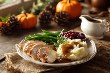 Warm holiday meal on a white plate with turkey, mashed potatoes, and green beans, enhanced by fall decor and natural light