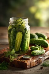 Warm kitchen still life: jar of pickles, sliced cucumber, and fresh herbs on a countertop