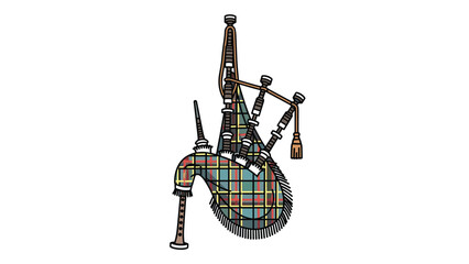 Detailed illustration of traditional Scottish bagpipes, adorned with an authentic tartan pattern, symbolizing Scottish heritage, music, and cultural identity.
