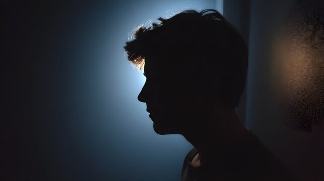 Silhouette of a person s profile in dramatic backlighting against a dark atmospheric background