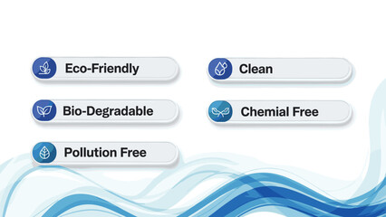 Fototapeta premium Collection of eco-friendly, clean, biodegradable, pollution-free, and chemical-free badges and labels on a white and blue background.