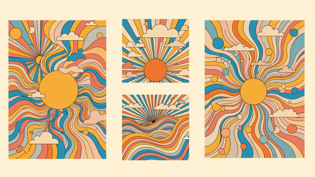Collection of vibrant psychedelic abstract art pieces, featuring swirling wavy lines, a stylized sun, and whimsical clouds, presented in multiple poster formats for a retro aesthetic.