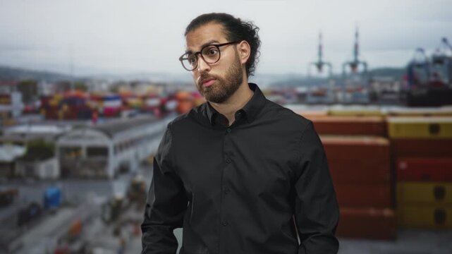 Young man with beard and round glasses tilts head, eyes half closed, looking toward stacked shipping containers on a port building pier; contemplative.