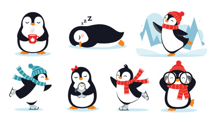 Obraz premium Adorable collection of eight cartoon penguins engaging in various charming activities, including drinking, sleeping, and ice skating.