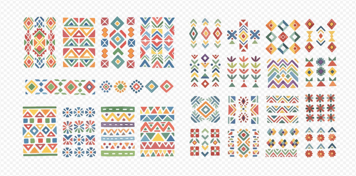 Colorful set of ethnic tribal geometric patterns and borders for textile design.