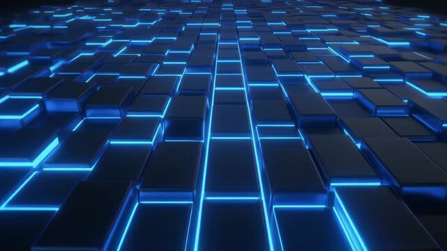 Futuristic digital grid of black rectangular tiles with glowing blue edges, forming expansive cybernetic floor perspective.