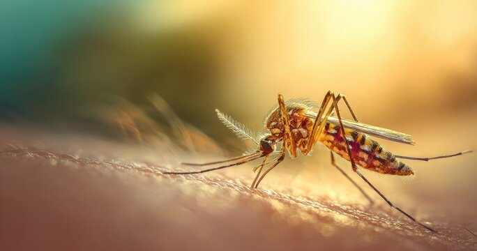 The Mosquito Probing Human Skin in Intense Macro Closeup at Sunset