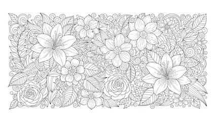 Fototapeta premium Intricate and detailed outline drawing of a lush floral pattern featuring various flowers and leaves, perfect for a coloring book.