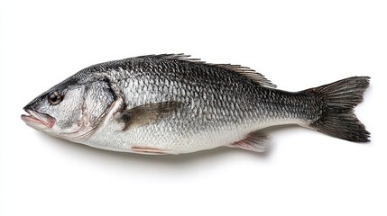 Obraz premium Whole sea bass displayed on white backdrop with studio lighting for food photography
