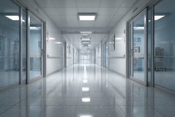 Fototapeta premium Wide perspective of a medical facility hallway, doors to patient rooms, sterile 3D render