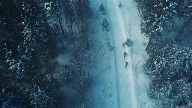 A vertical drone shot looks directly down on three cross-country skiers as they glide along a perfectly groomed snow trail through a sun-drenched, frosted forest in Kenauk, Quebec.