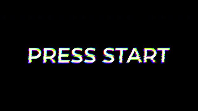 Press Start Glitch Text Animation, Retro on Black Background Retro Arcade Game Start Screen with Analog Distortion for Gaming Motion Graphics