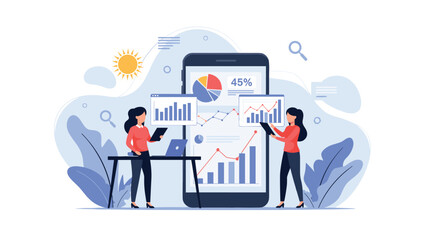 Two businesswomen collaboratively analyzing financial data and growth charts on a large smartphone screen, optimizing mobile analytics.