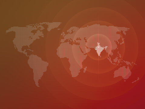 Dotted halftone world map with the country of India highlighted. Modern and clean world map on orange color gradient background.