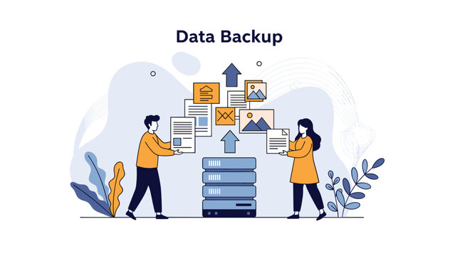 Two individuals collaborate on data backup, transferring important documents and digital images to a secure server rack, ensuring information security and reliable storage.