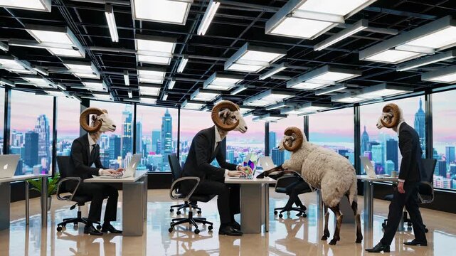 Rams in boardroom during meeting, panoramic windows with skyline, suited executives seated around table, one ram stands to present, serious tone turned playful by animal attendees and modern corporate