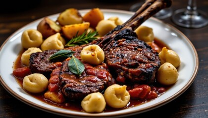 Seared Meat with Tomato Sauce and Roasted Potatoes