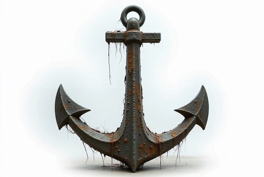 Old Rusty Ship Anchor Isolated on White Background with Seaweed