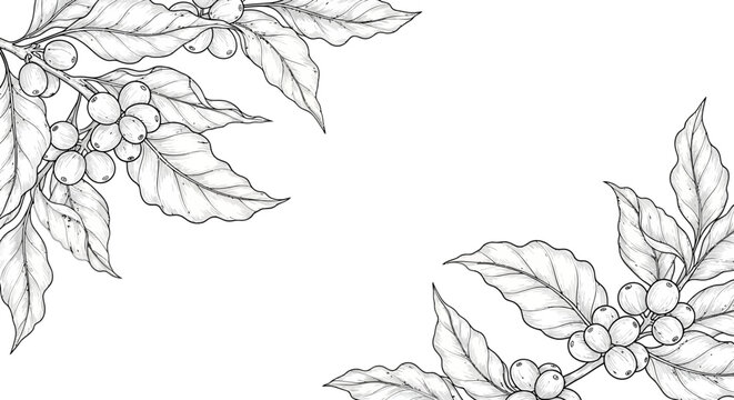 Detailed Botanical Illustration of Coffee Branches with Berries and Leaves, Black and White