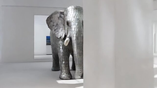 Elephant with geometric ceramic tile pattern standing as sculpture in minimalist white gallery. Realistic modern artistic design brand marketing, commercial.