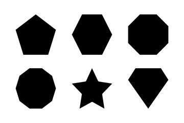 Professional set of multi-sided polygon shapes and stars in solid black style for infographics and geometry.