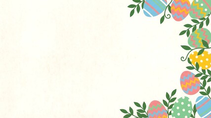 Fototapeta premium Colorful illustrated easter eggs with green foliage decorate the upper and right border of a soft cream background, perfect for festive announcements or spring greetings.