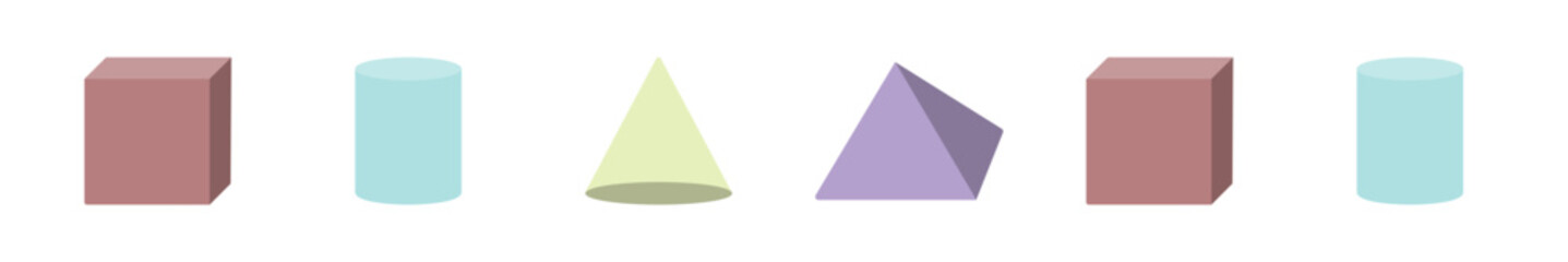 Visual representation of three-dimensional solids like cubes, cones, and cylinders in a clean flat design.