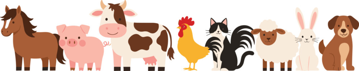 Cute farm animal collection with horse pig cow chicken sheep rabbit dog and skunk cartoon vector illustration set © MdAbdul