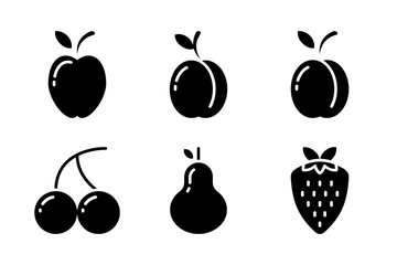 A collection of solid black glyph icons representing common orchard fruits and berries for organic branding.