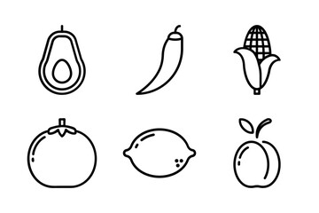 Professional vector line icons featuring avocado, chili, corn, and tomato for cooking and recipe apps.