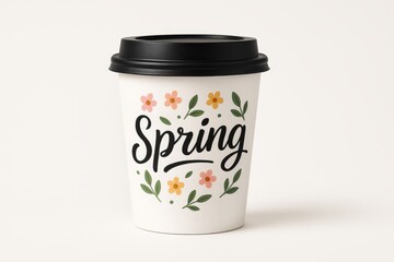 A coffee cup features the word Spring surrounded by flowers and leaves. It sits on a white surface in soft light
