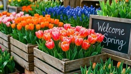 Vibrant orange and pink tulips burst forth in wooden crates signaling the cheerful arrival of the spring season