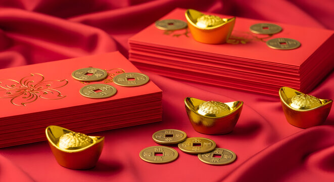 Stacks of red envelopes, gold ingots, and ancient coins on red s