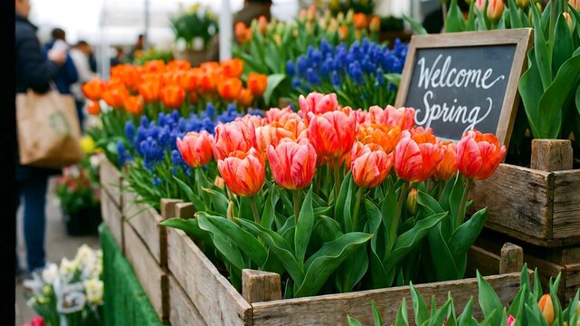 Vibrant display of freshly bloomed orange and pink striped tulips flourishing in wooden crates at a bustling spring flower market celebration.