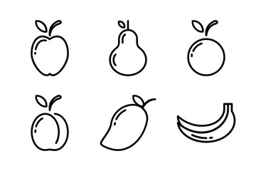 Minimalist black and white vector outlines of common orchard fruits for menus and web design.