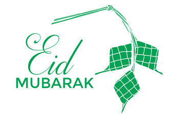 A green Eid Mubarak greeting with stylized ketupat rice dumplings on a white background, celebrating the Islamic festival.