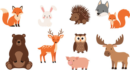 Fototapeta premium Cute woodland animal characters set with fox rabbit bear deer owl hedgehog wolf pig and moose cartoon vector illustration collection