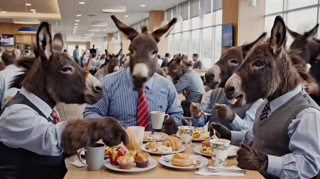 donkeys in business attire seated around cafeteria table with plates of pastries and coffee, lively conversation and networking energy, crowded background with colleagues and natural daylight