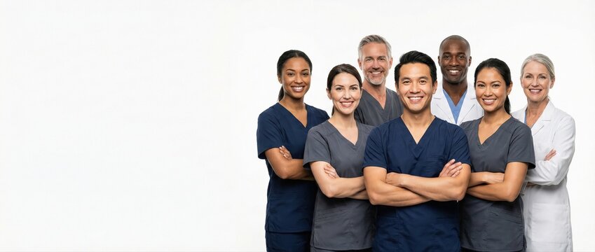 Diverse medical team of doctors and nurses standing confident with arms crossed isolated on white background Professional group of healthcare workers, surgeons and hospital staff smiling in uniform