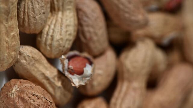 Top-down flat lay of peanuts in their shells spinning on a vibrant, patterned fabric background. The colorful textile contrasts with the earthy tones of the peanuts, creating a lively, modern, and sty