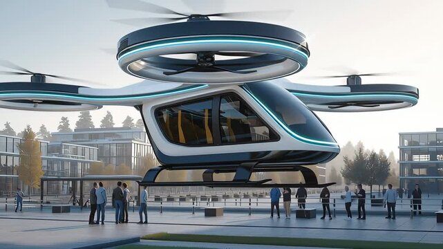 Autonomous air taxi hovering above a modern city plaza with people below, showing future urban transport, electric aviation, and smart city mobility
